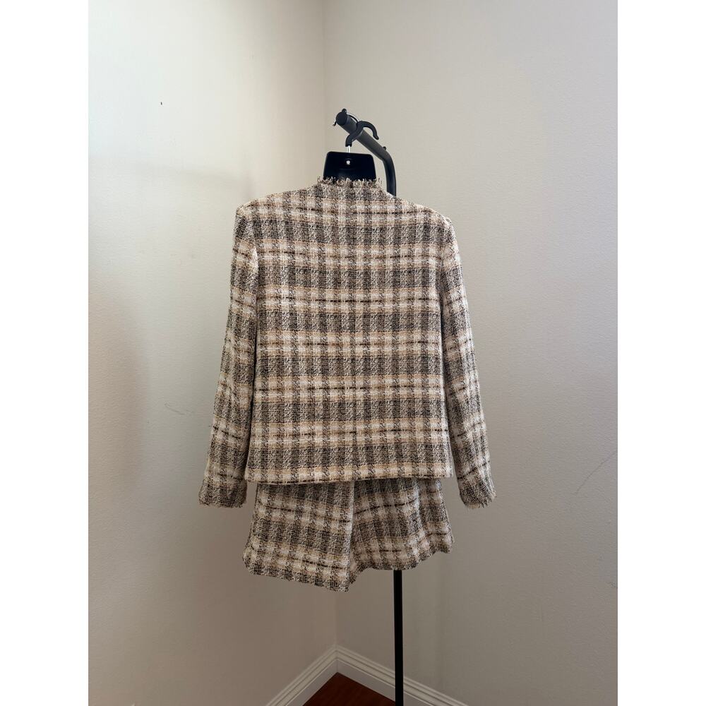 Zara Tweed Plaid Blazer + Skort Set NWOT Size S Beige Black Pockets - Picture 6 of 10